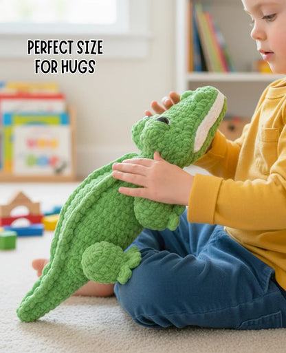 Child hugging a green crochet alligator plushie in a cozy playroom, soft amigurumi toy.