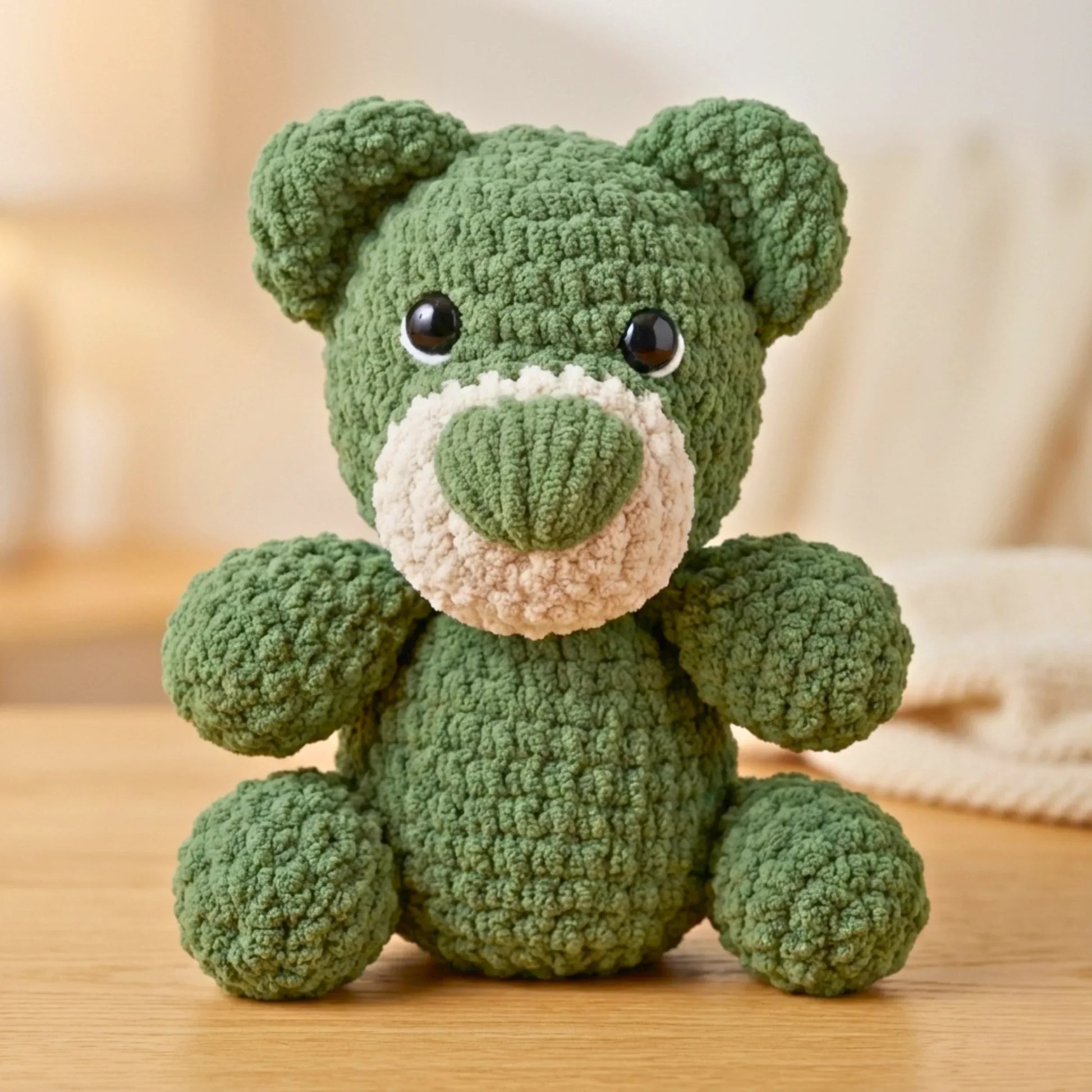 Green crochet teddy bear plushie with big eyes, sitting on a wooden surface