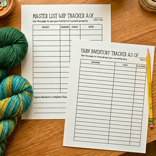 Crochet project tracker and yarn inventory printable sheets with yarn and pencil on table