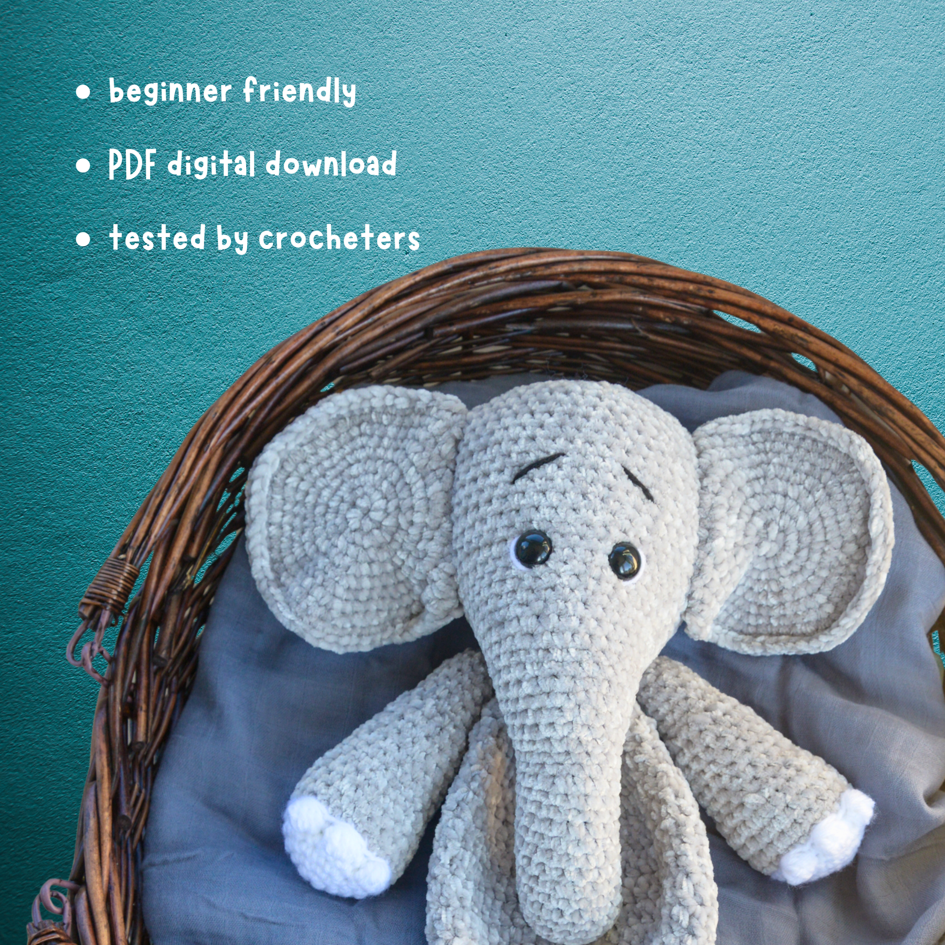 Crocheted elephant plush toy in wicker basket with text about beginner-friendly PDF crochet pattern