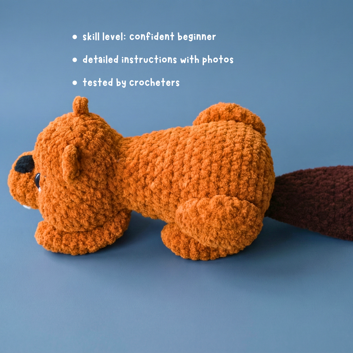 Brown crocheted beaver stuffed animal with text listing skill level and instructions on blue background