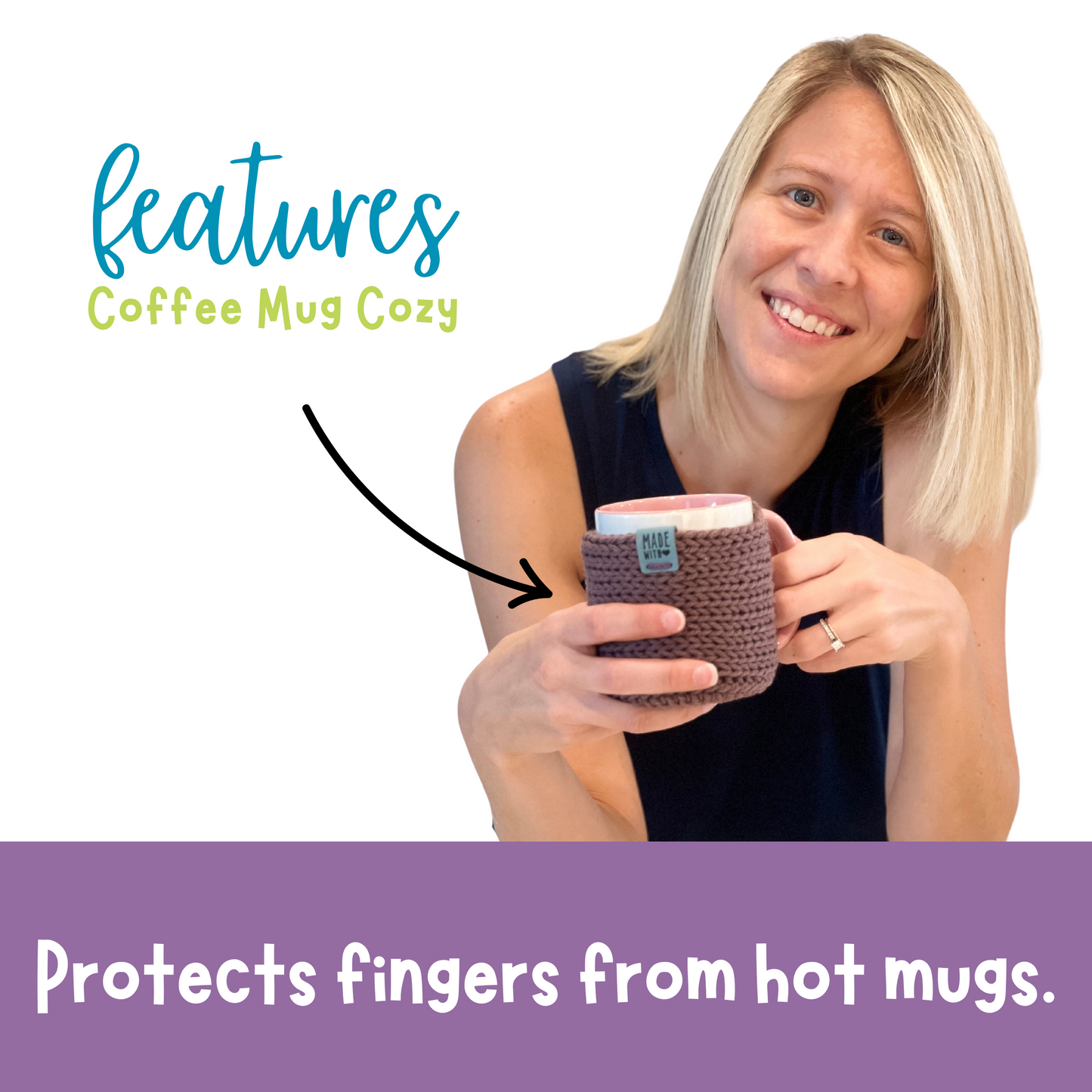 person holding mug cozy on a mug