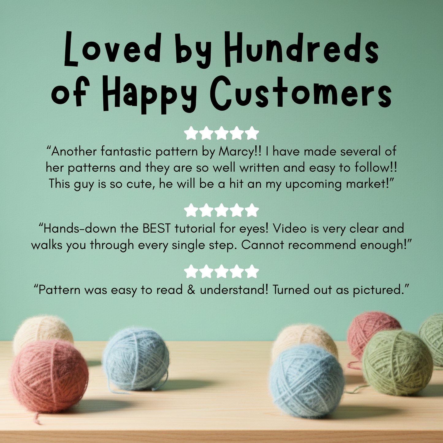 Customer reviews praising Marcy's crochet pattern with colorful yarn balls on wooden table