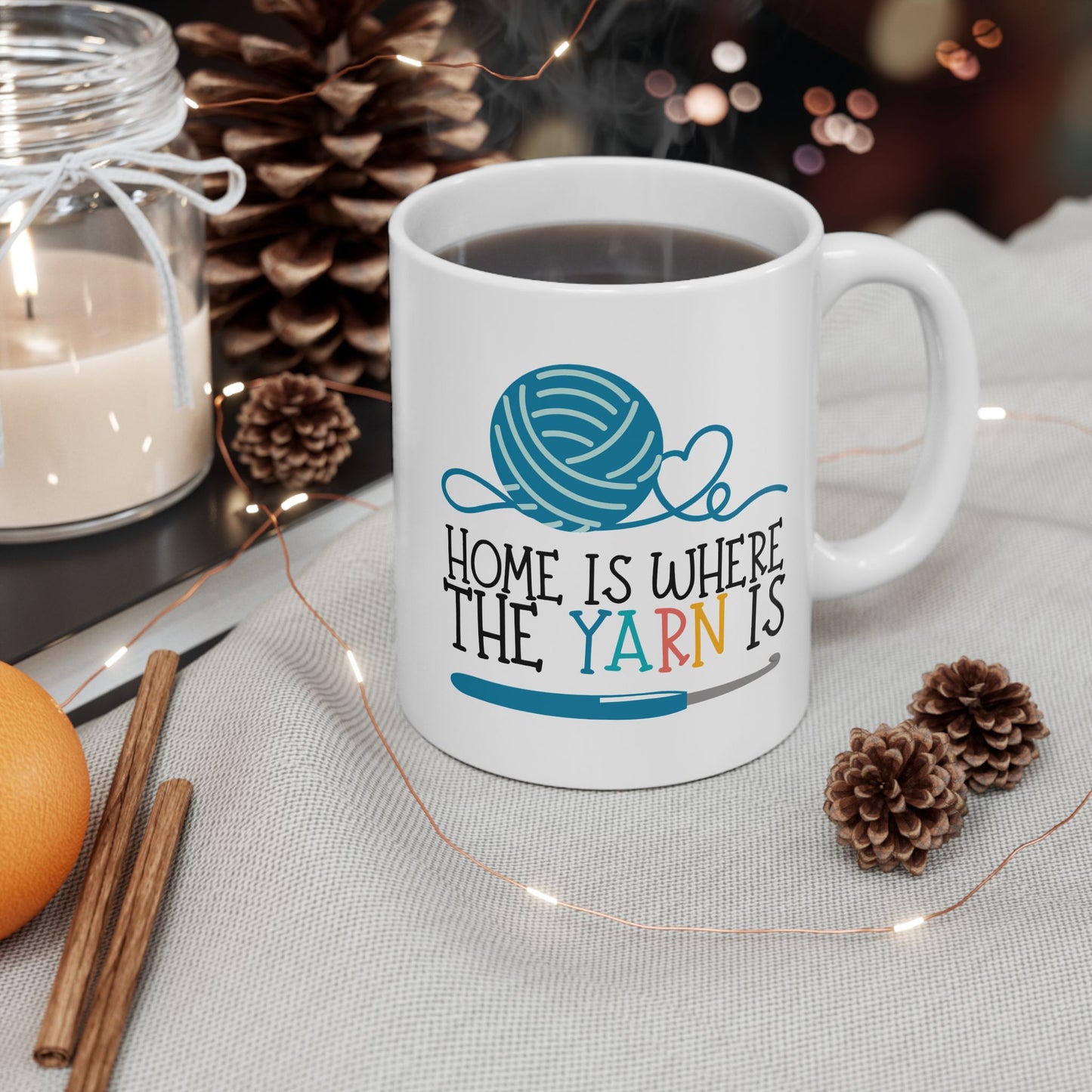 Crochet Coffee Mug – “Home Is Where the Yarn Is” (11oz & 15oz)
