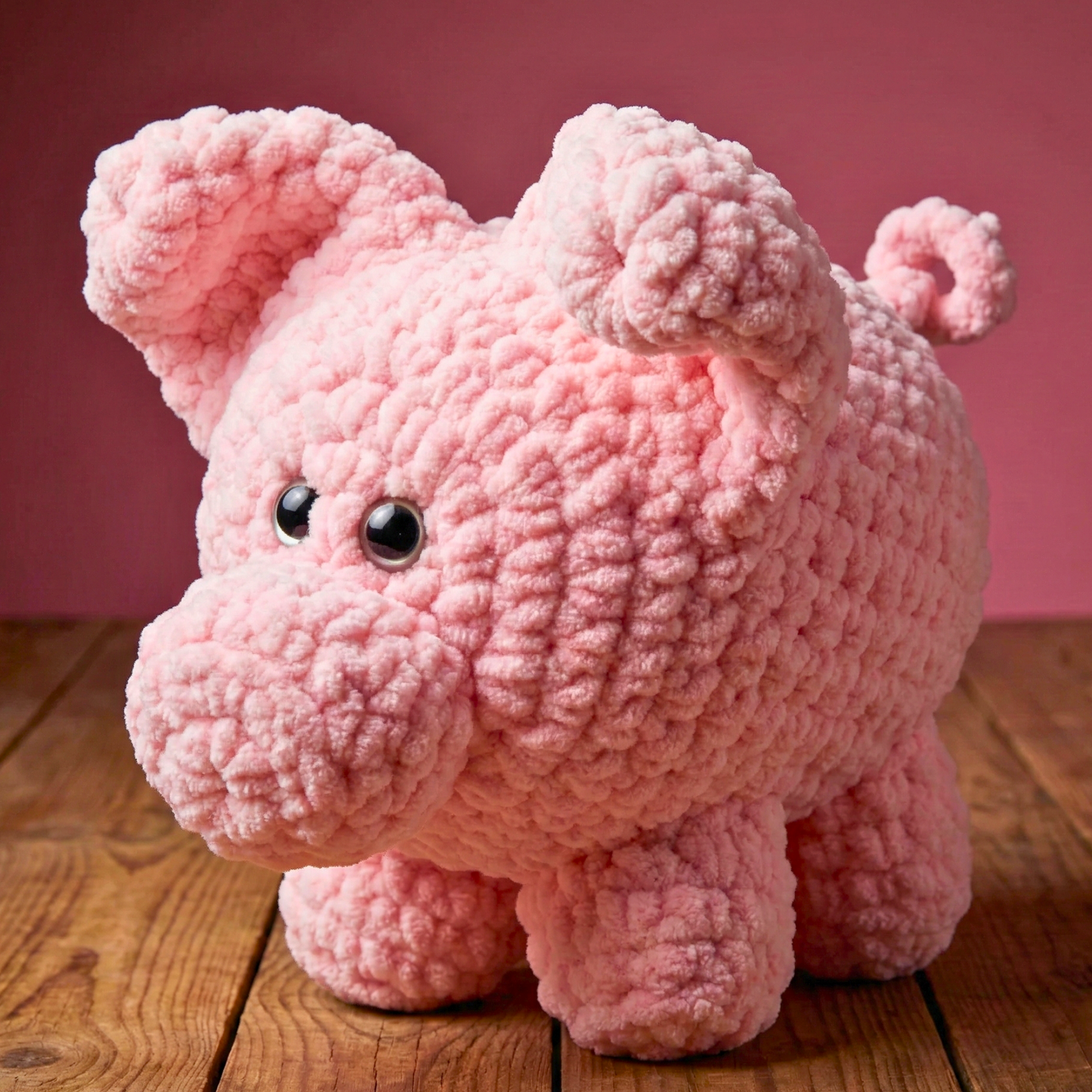 Soft pink crocheted plush pig toy with black eyes on wooden floor and pink background
