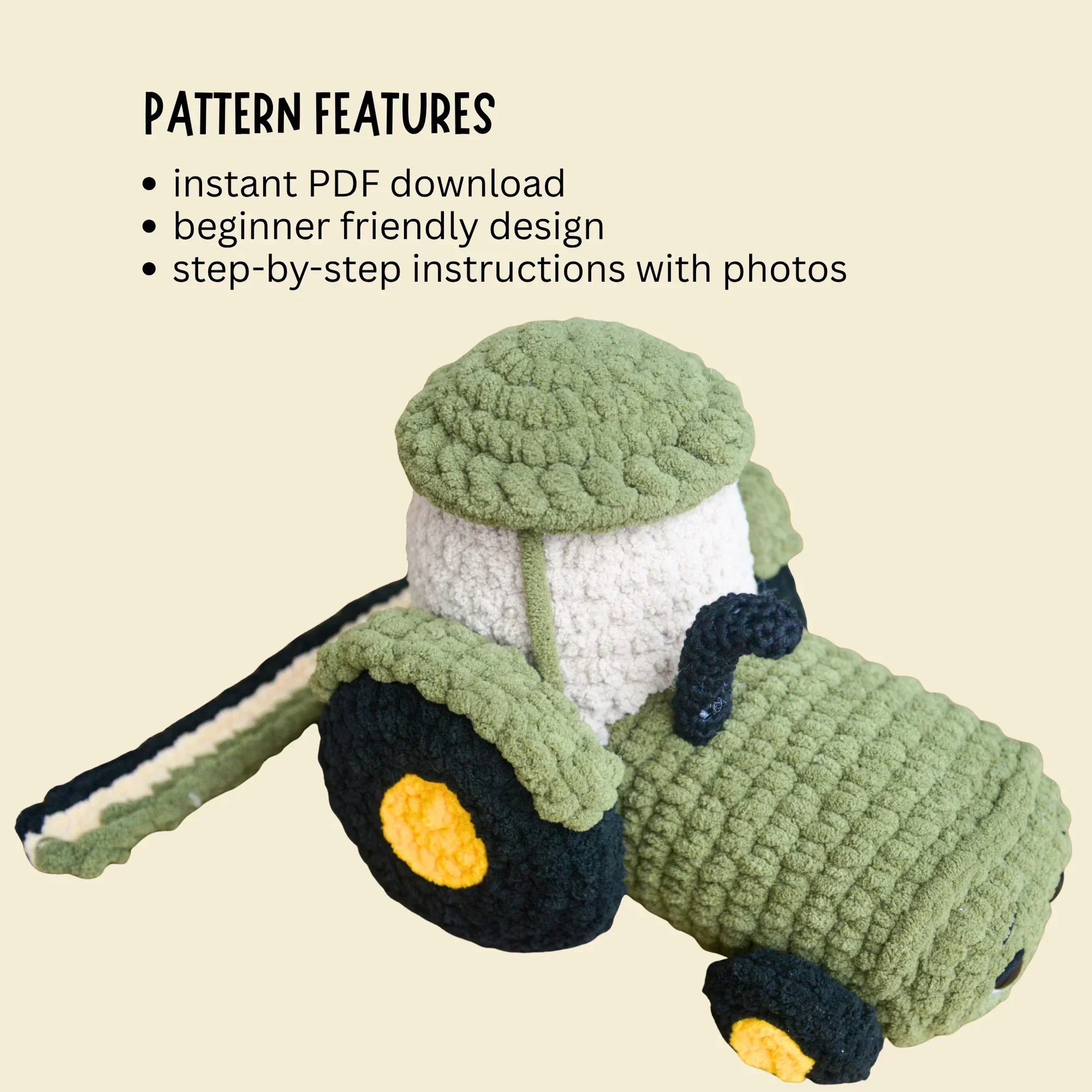 Crochet tractor amigurumi pattern with beginner-friendly design and step-by-step instructions