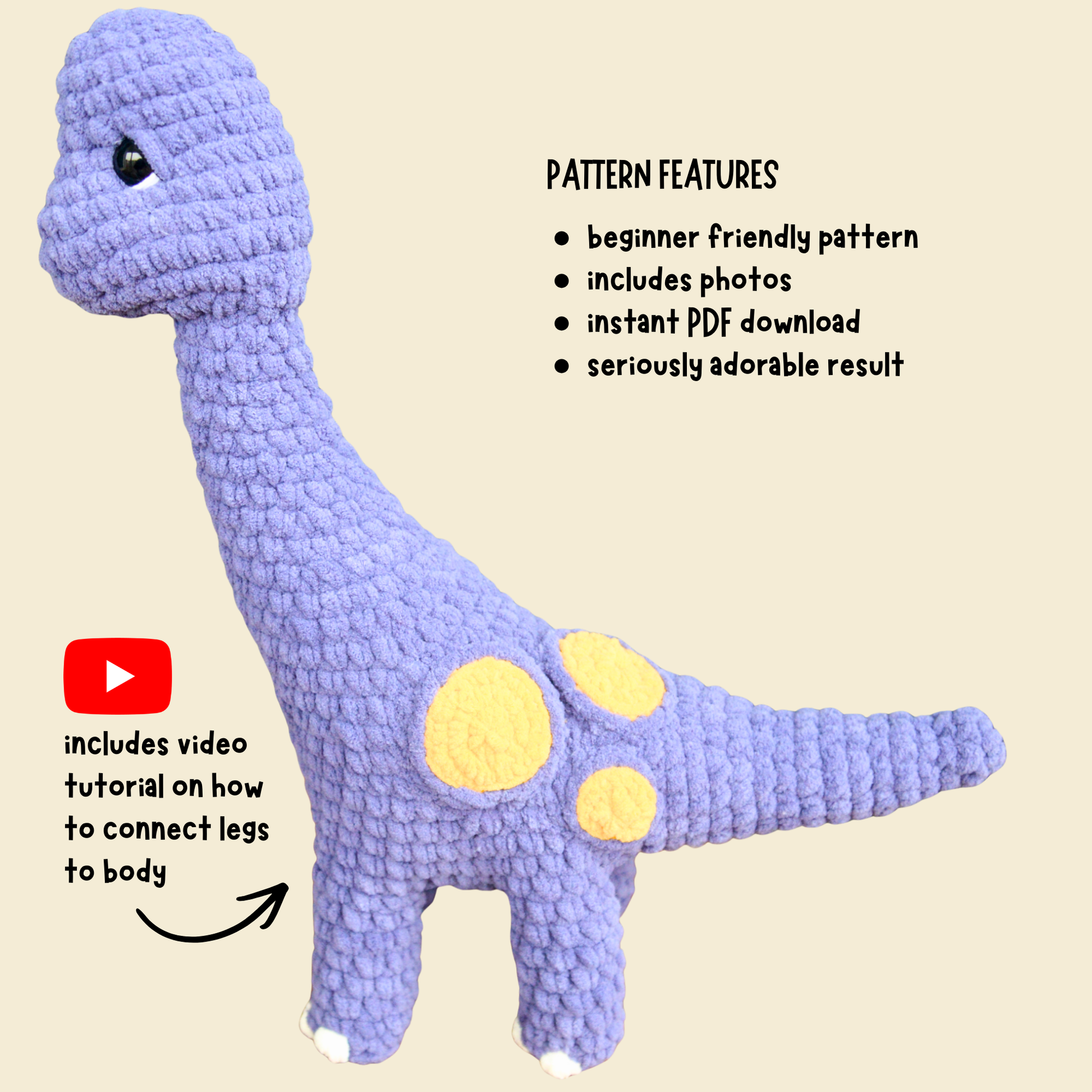 Purple dinosaur toy with yellow spots on a beige background, featuring pattern features text.