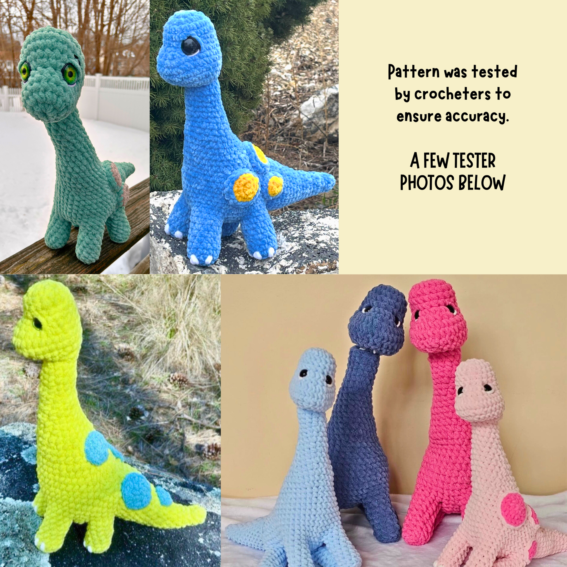 Collage of crocheted dinosaur toys in various colors with a text overlay about tester photos.