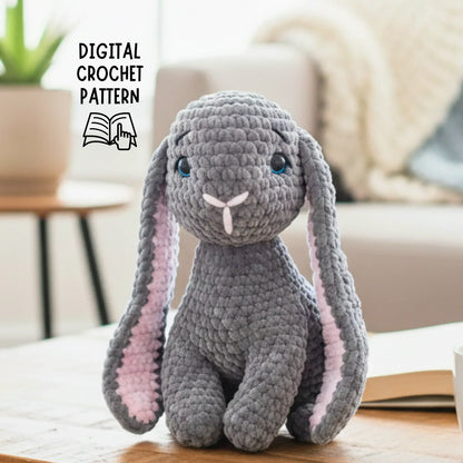 Chunky yarn crochet bunny plush with long ears, beginner-friendly amigurumi pattern
