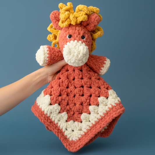Hand holding a crochet horse lovey blanket in red and cream with yellow mane