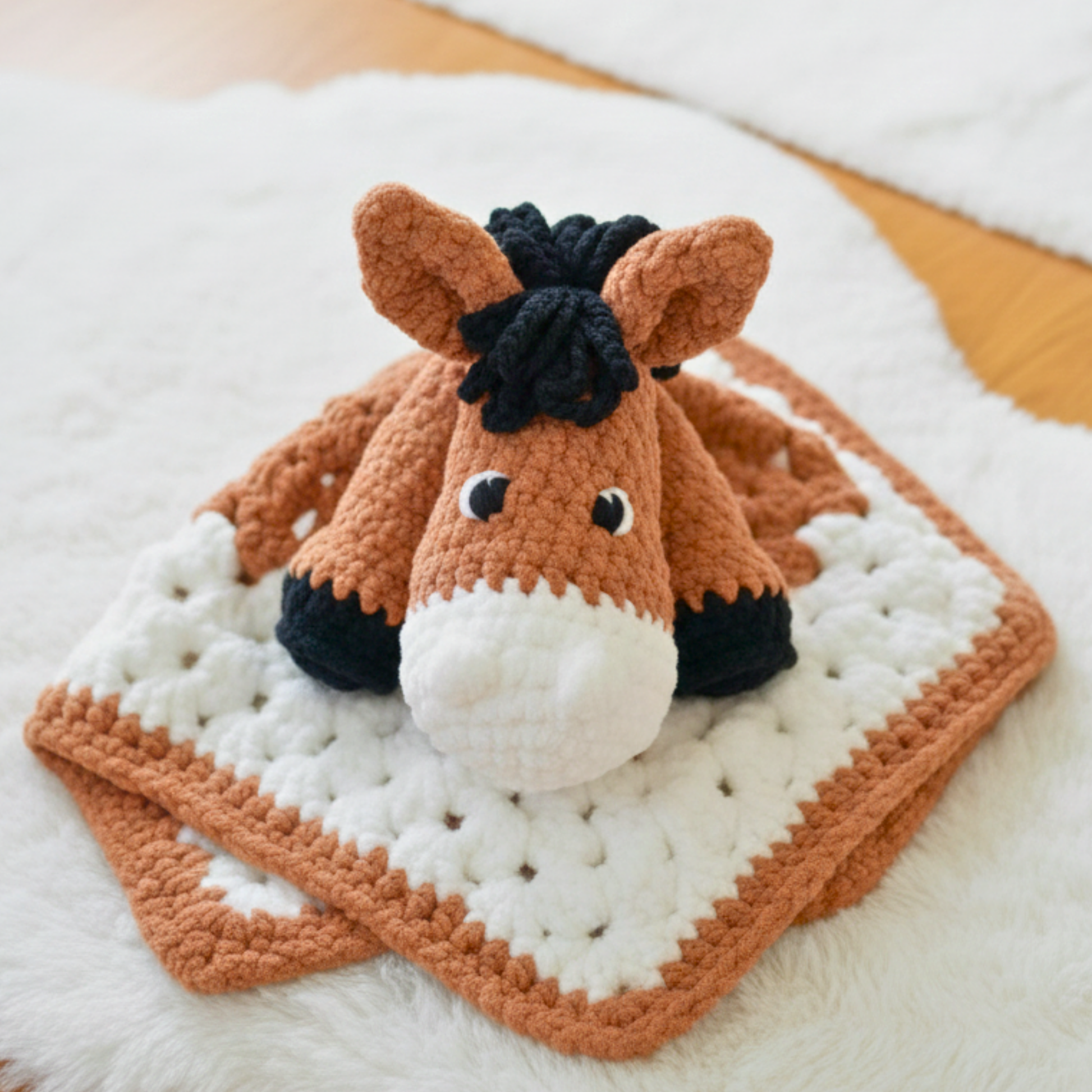 crochet horse blanket pattern with plush horse head and soft brown and white yarn