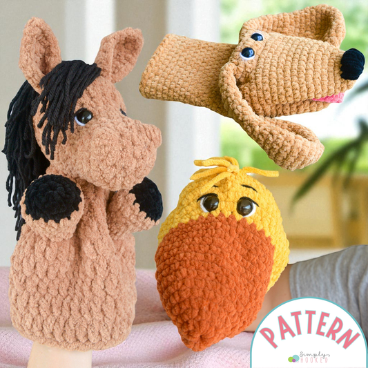 Three crocheted animal puppets including a horse, dog, and bird on a light background.