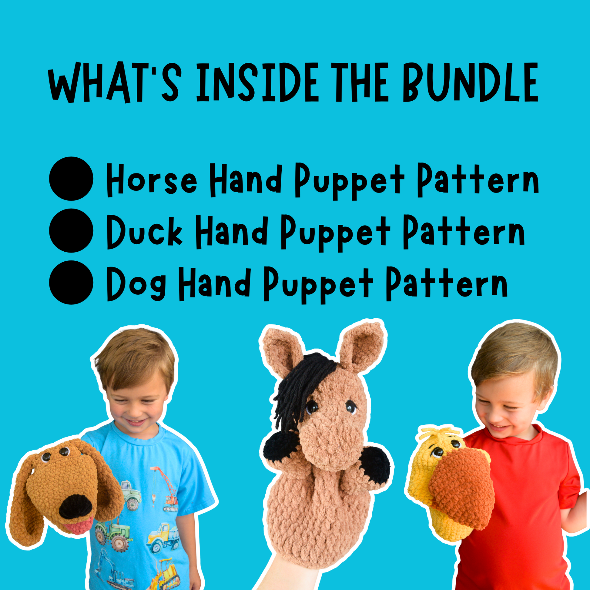 Horse, duck, and dog hand puppet patterns with children holding them against a blue background.