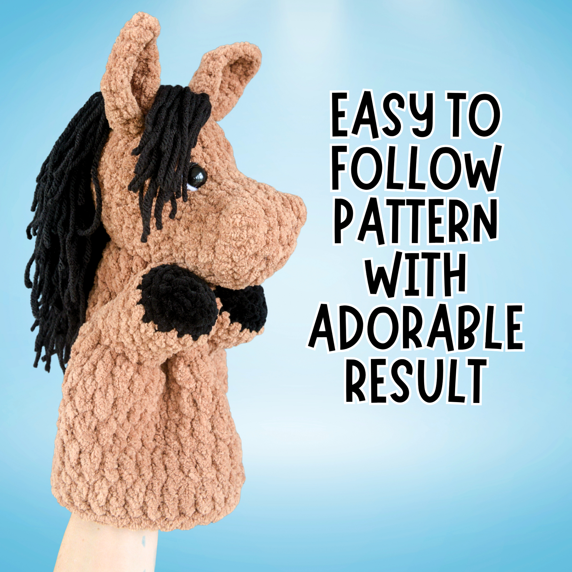 Crocheted horse head with text 'Easy to follow pattern with adorable result' on a blue background