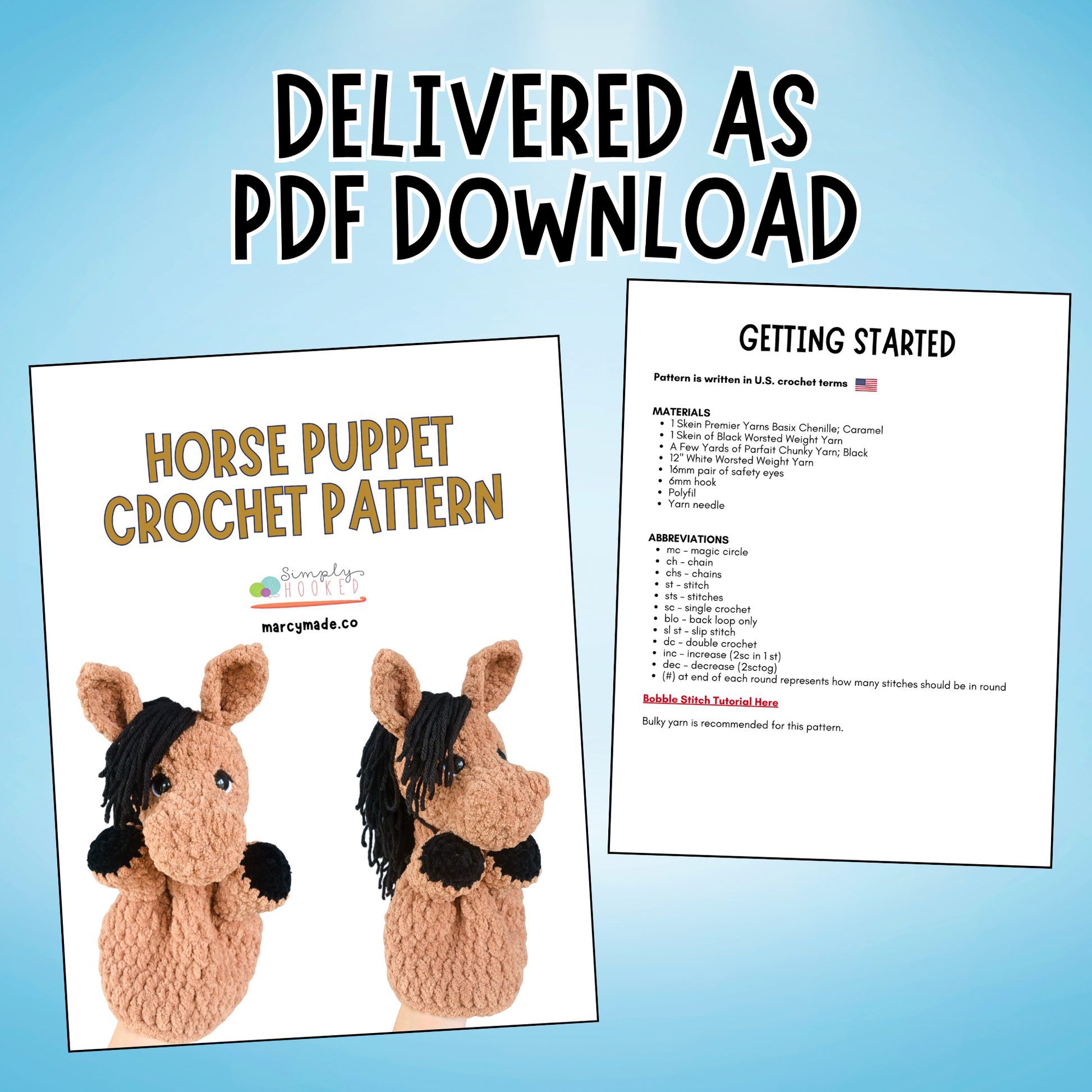 Horse puppet crochet pattern with text on a blue background