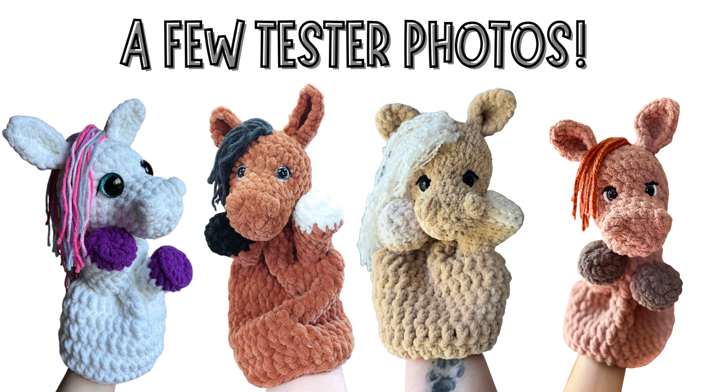 Four crochet horse finger puppets on a white background with text 'A FEW TESTER PHOTOS!'.