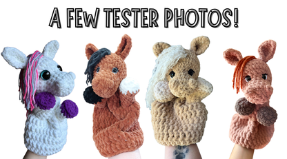 Four crochet horse finger puppets on a white background with text 'A FEW TESTER PHOTOS!'.