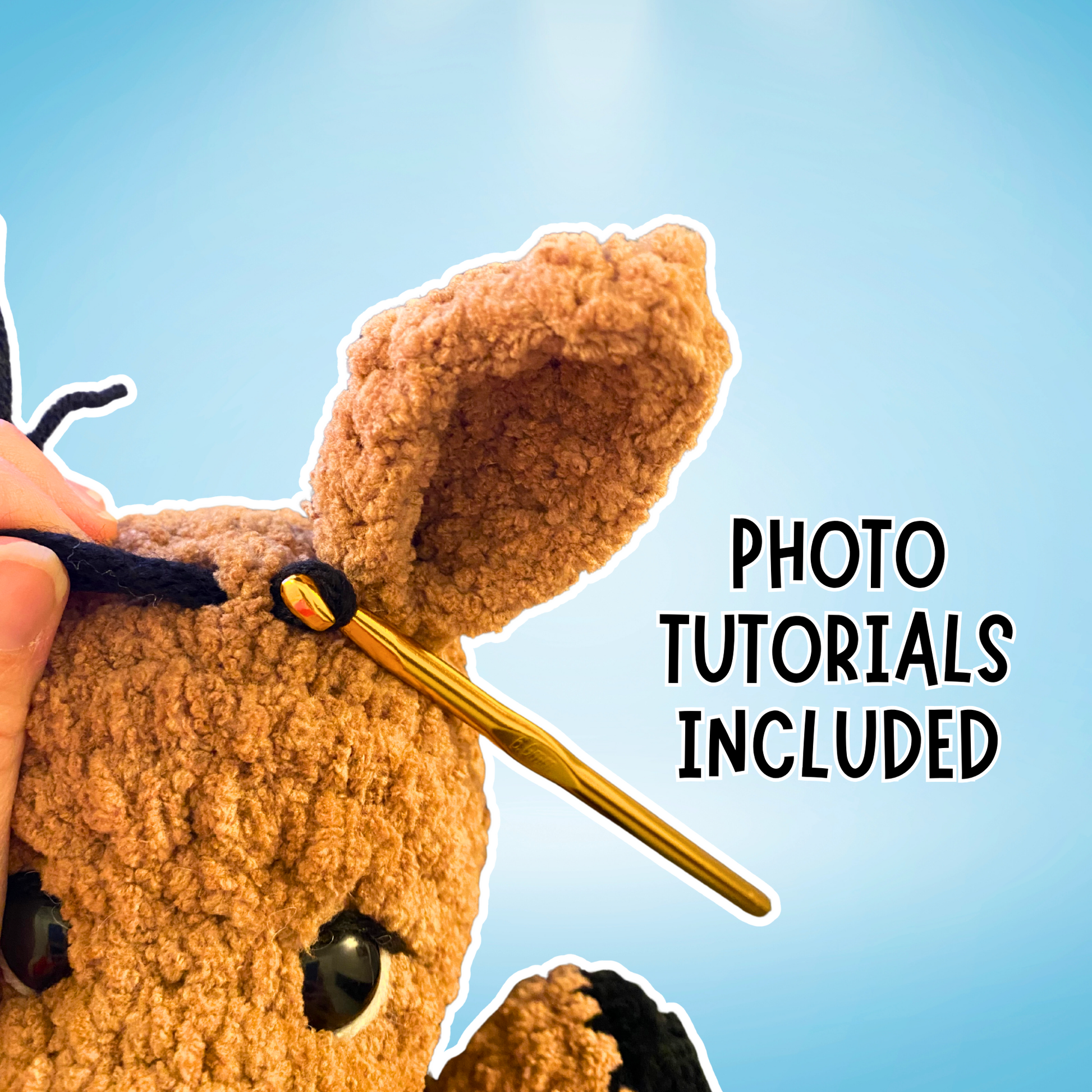 Crocheting a plush toy with text 'Photo tutorials included' on a blue background