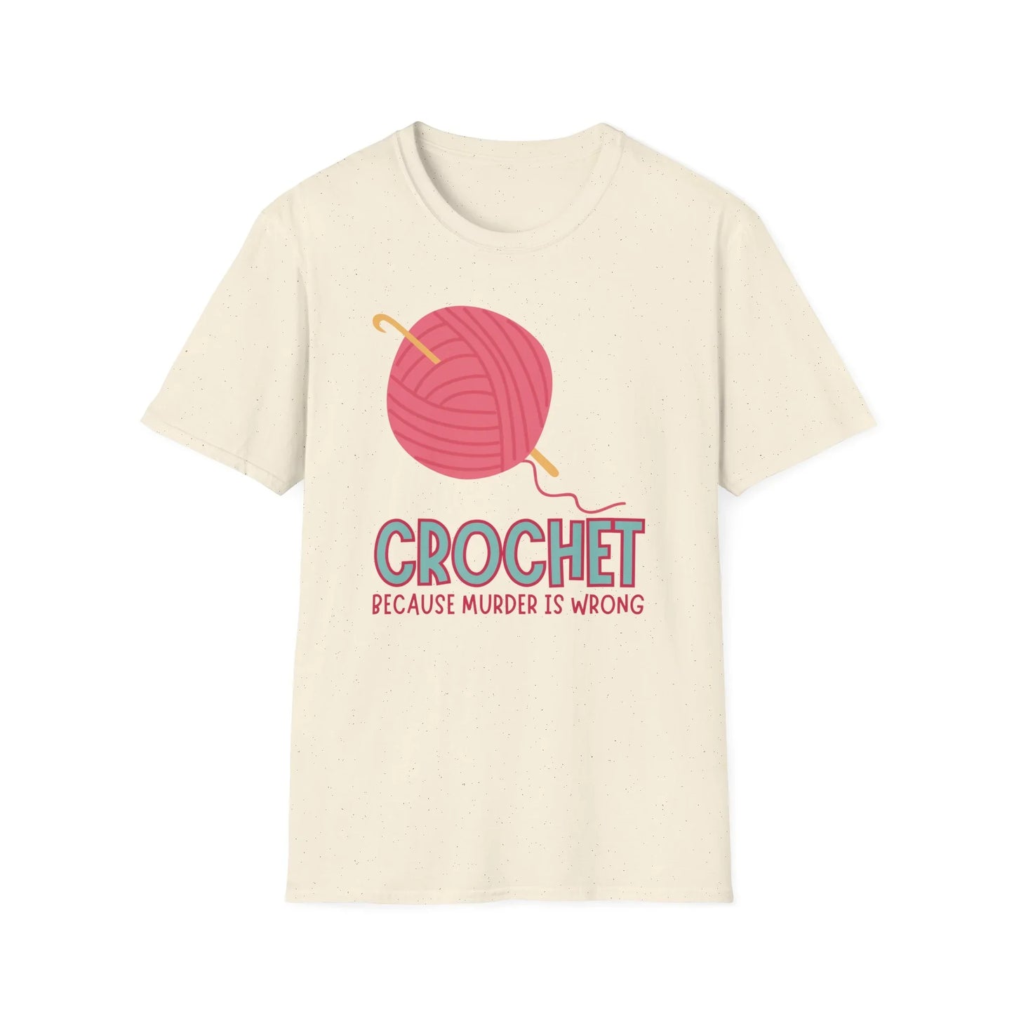 Beige t-shirt with a pink yarn ball and crochet hook graphic and text on a white background
