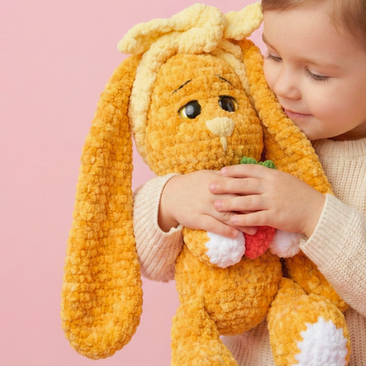 Child holding a plush toy with a pink background