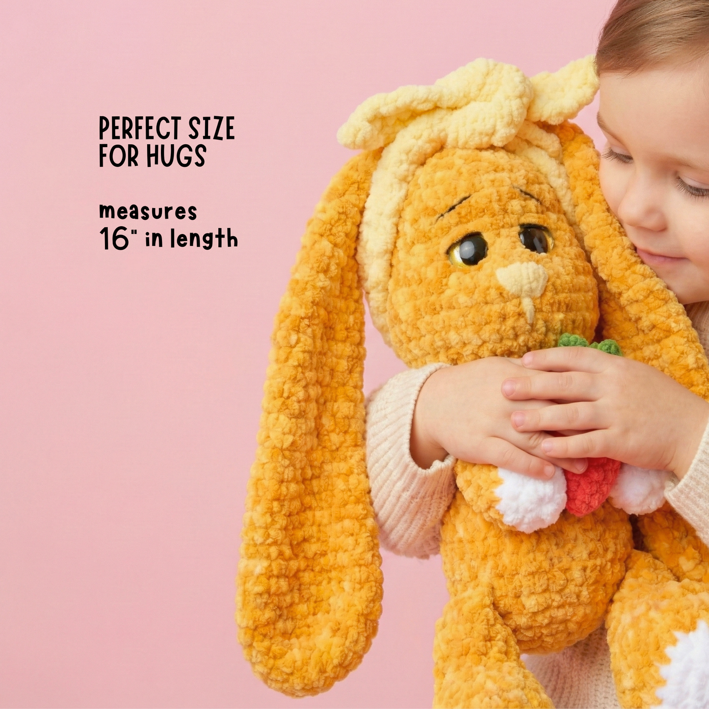 Child holding a large plush bunny toy against a pink background with text about size.