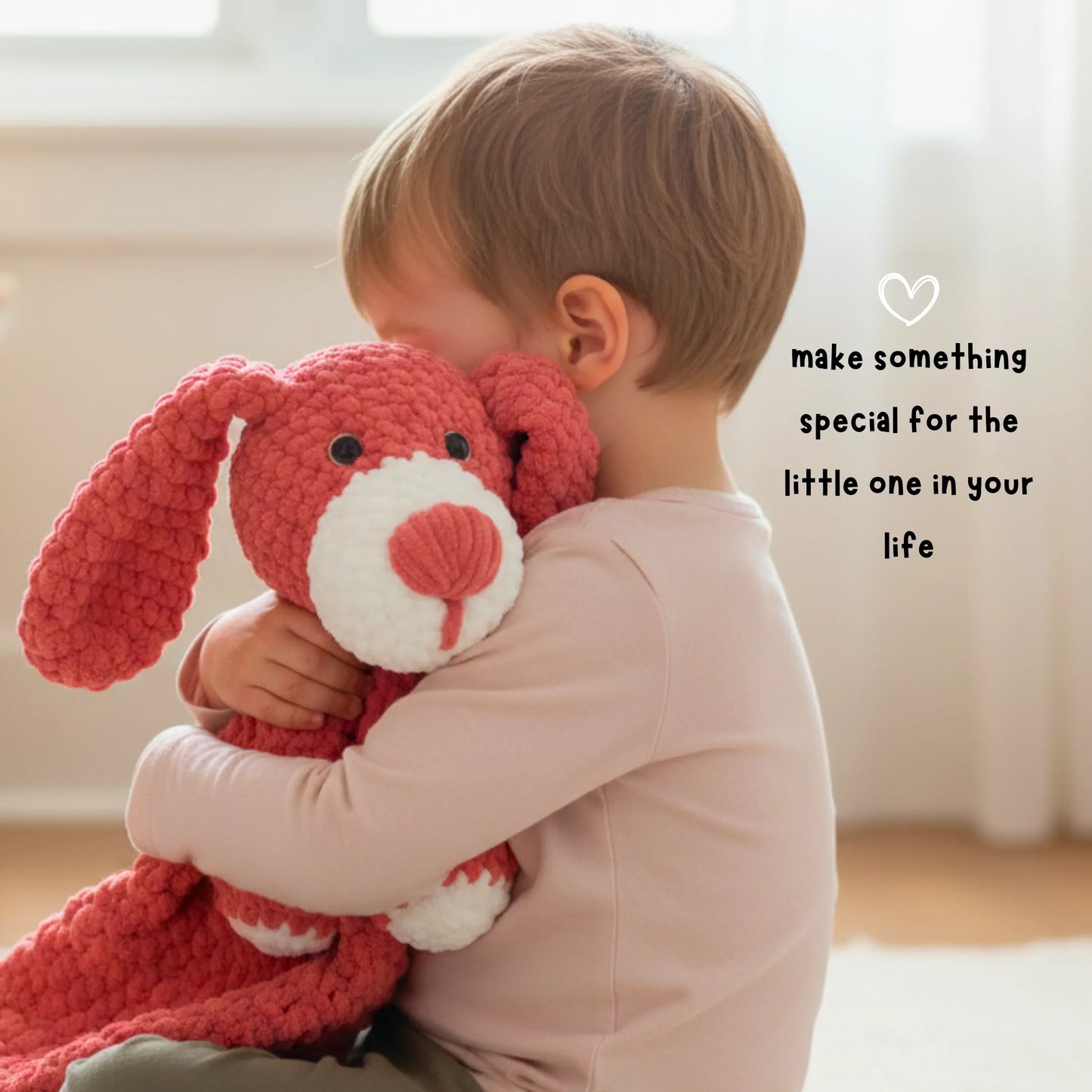 Child hugging plush crochet dog, amigurumi stuffed animal pattern, cozy room setting