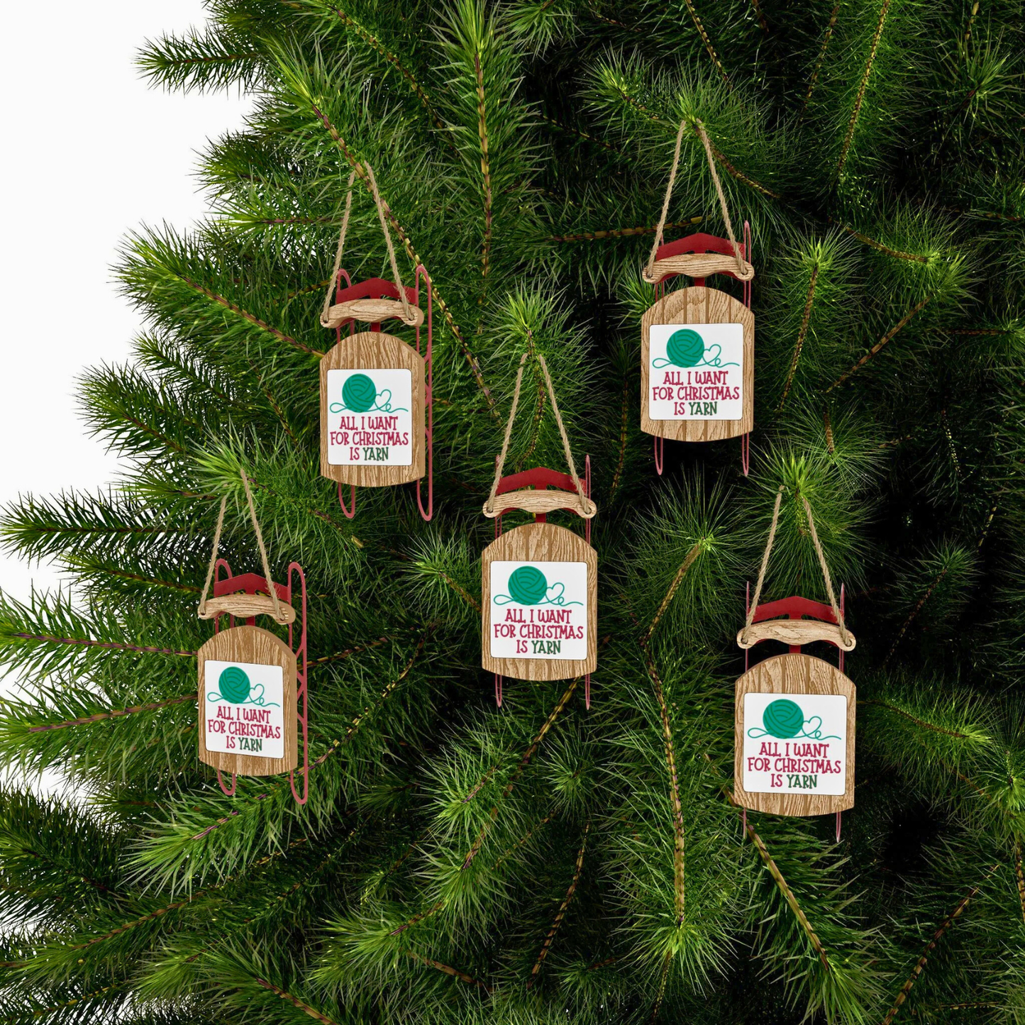 Wooden Christmas ornaments with humorous sayings on a tree