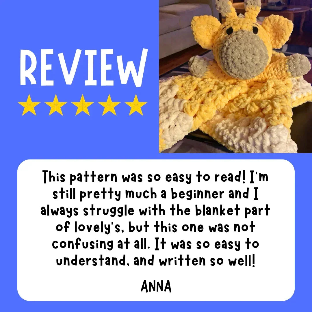 Customer review of beginner-friendly crochet giraffe lovey pattern with five-star rating.