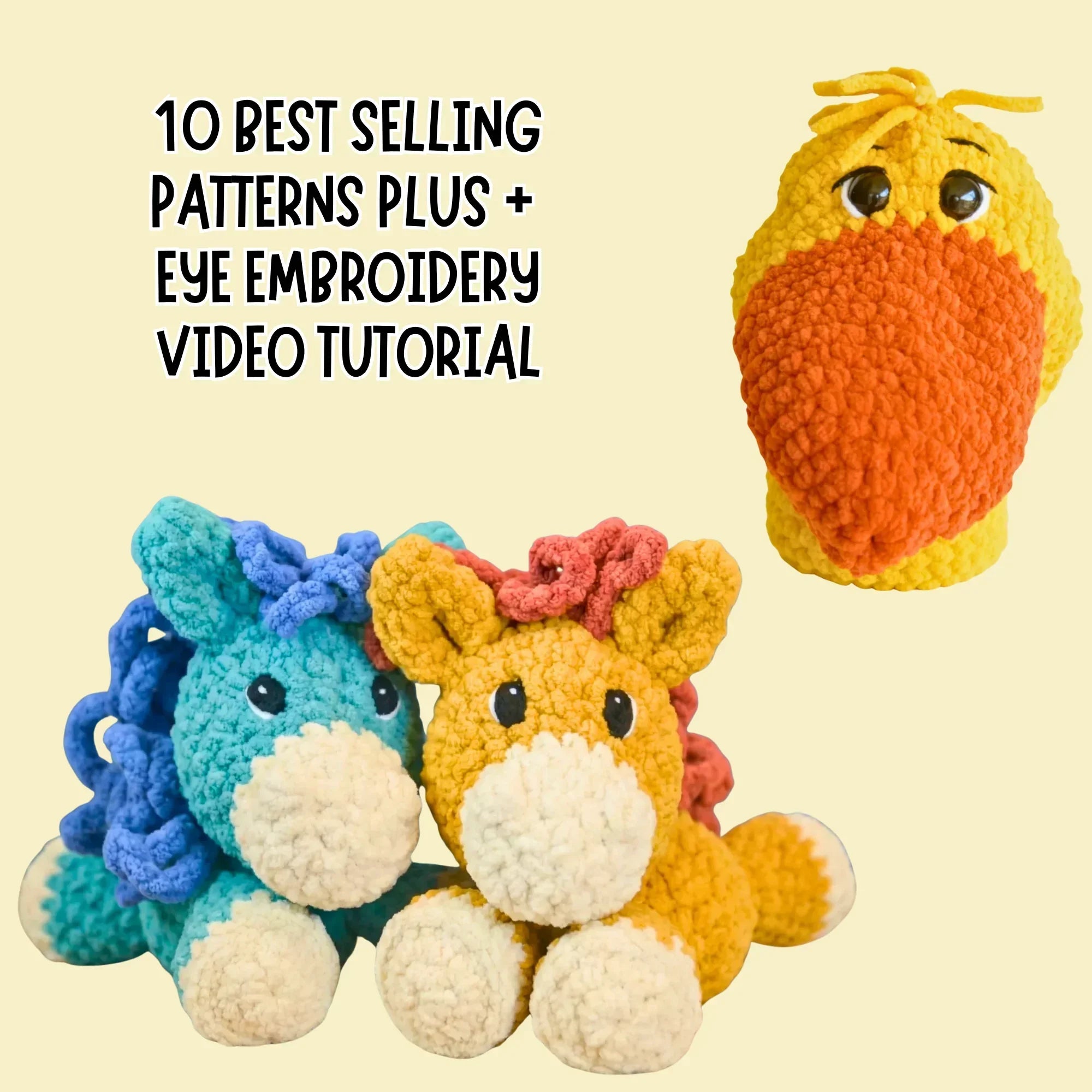 Crochet stuffed animal patterns with plush horse and bird amigurumi, beginner crochet kit