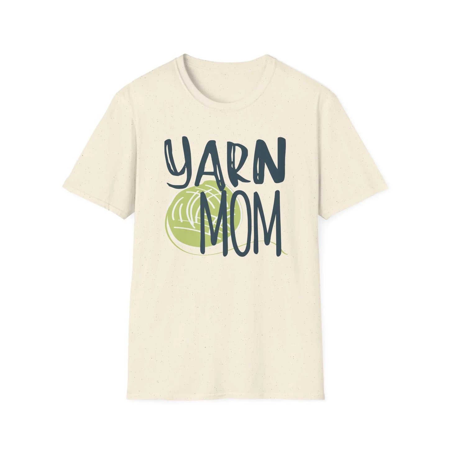 Beige t-shirt with 'YARN MOM' text and yarn ball graphic on a white background