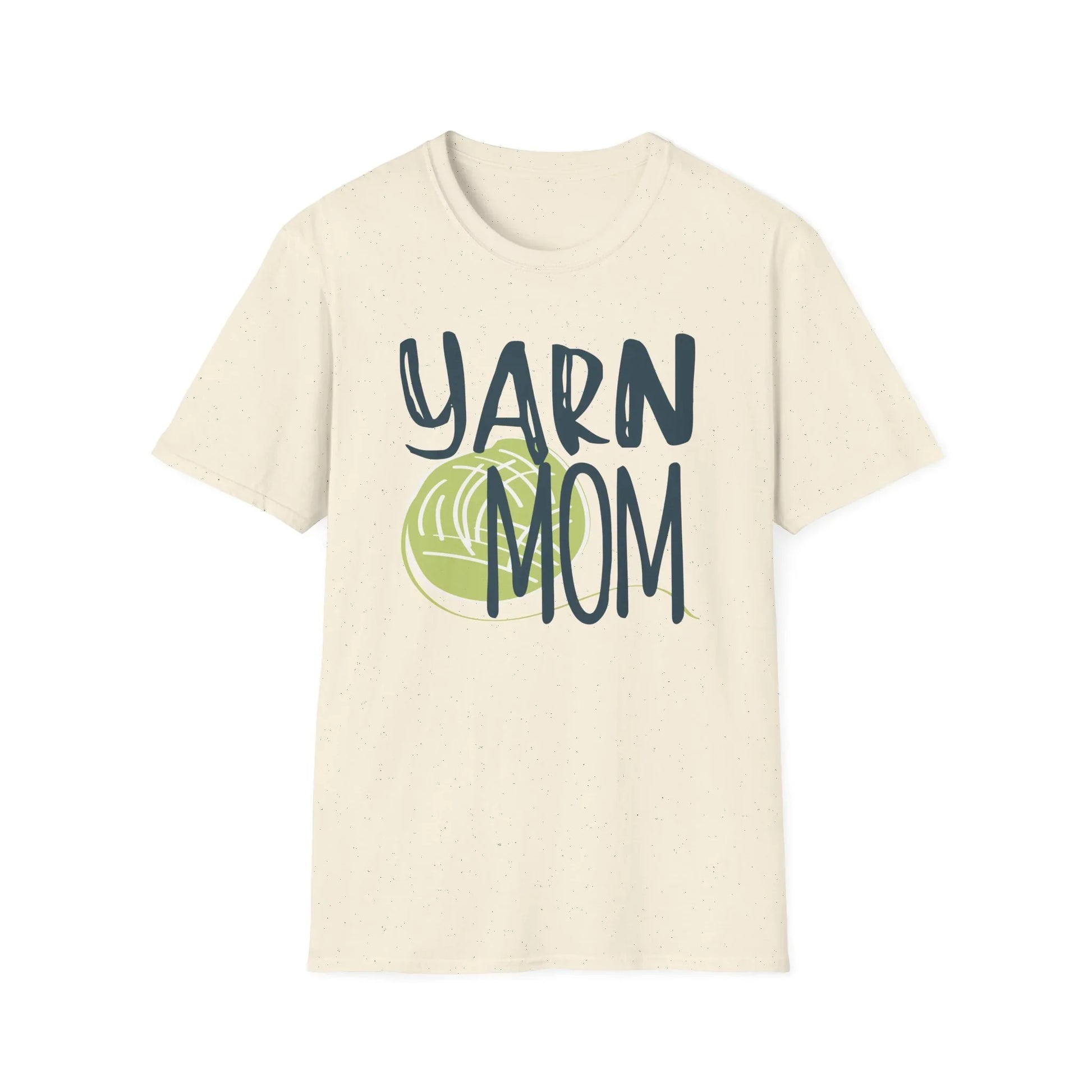 Beige t-shirt with 'YARN MOM' text and yarn ball graphic on a white background