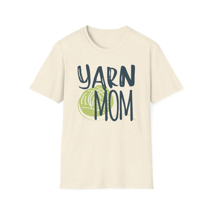 Beige t-shirt with 'YARN MOM' text and yarn ball graphic on a white background