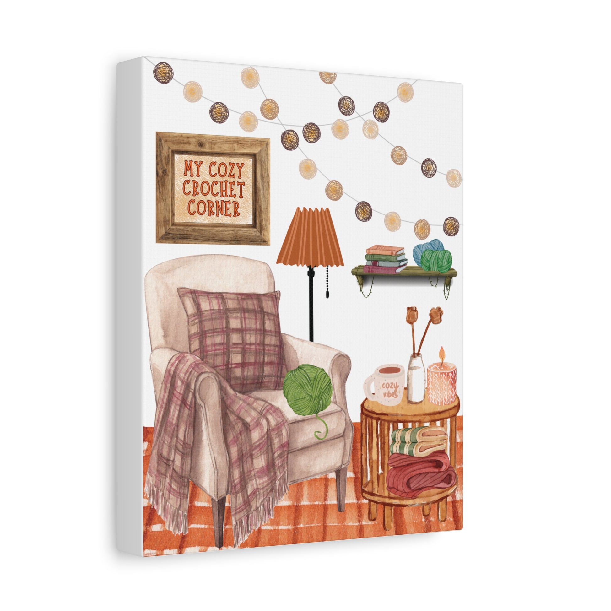 Canvas print of a cozy crochet corner with a chair, lamp, and shelves.