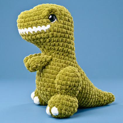 Green crochet dinosaur toy on a blue background