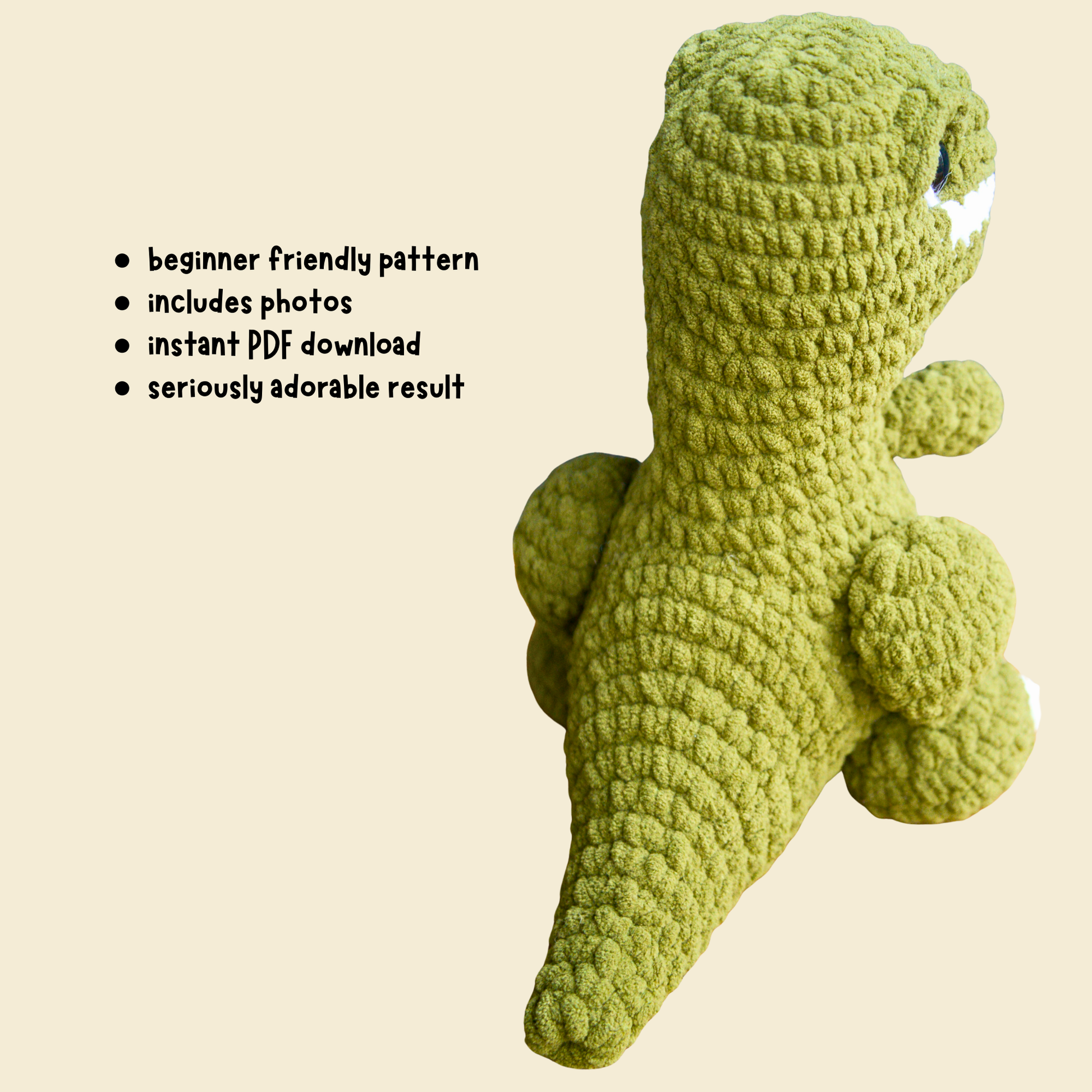 Green crocheted dinosaur toy on a beige background with text about a beginner-friendly pattern.