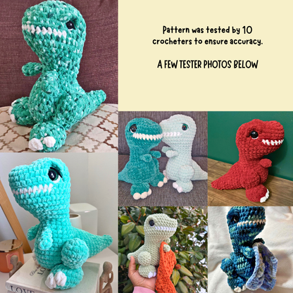 Collage of crocheted dinosaur toys in various colors with text about pattern testing.
