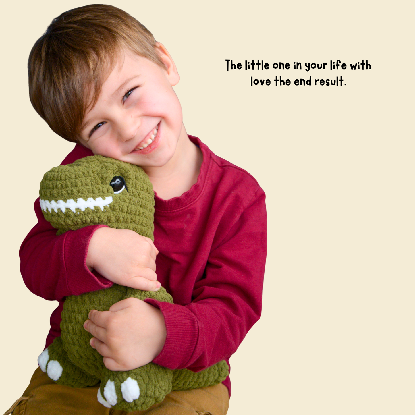 Child holding a green stuffed dinosaur toy with a beige background and text.