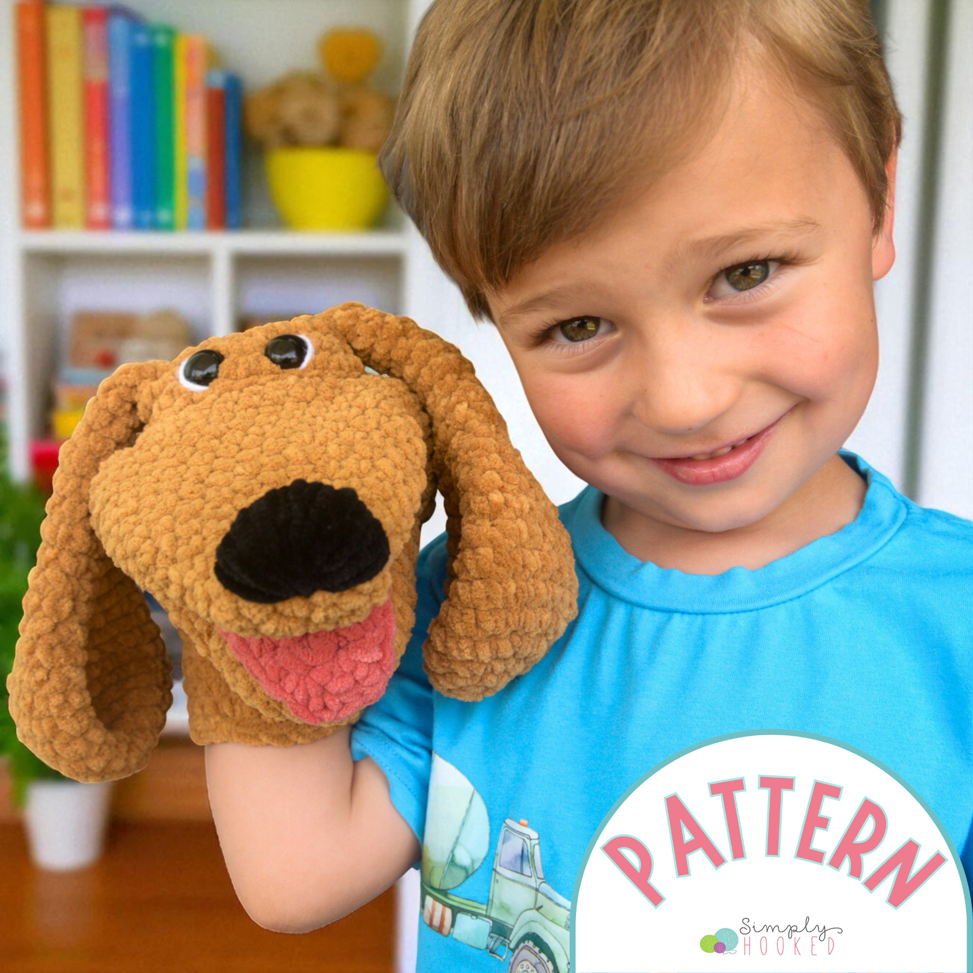 Child holding a brown dog-shaped plush toy with a bookshelf in the background