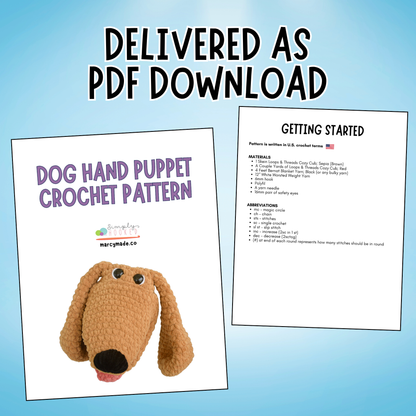 Dog hand puppet crochet pattern with text on a blue background