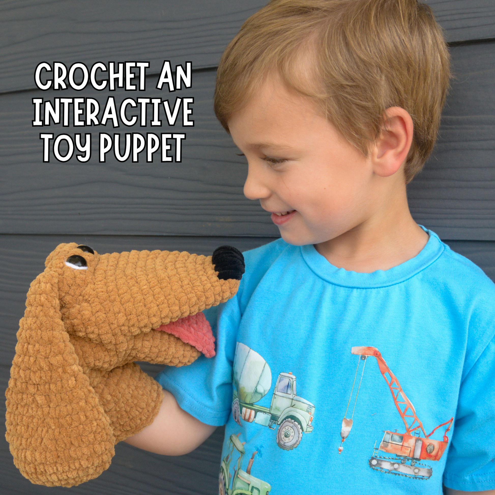 Child holding a brown crochet toy puppet with text 'Crochet an Interactive Toy Puppet' on a gray background