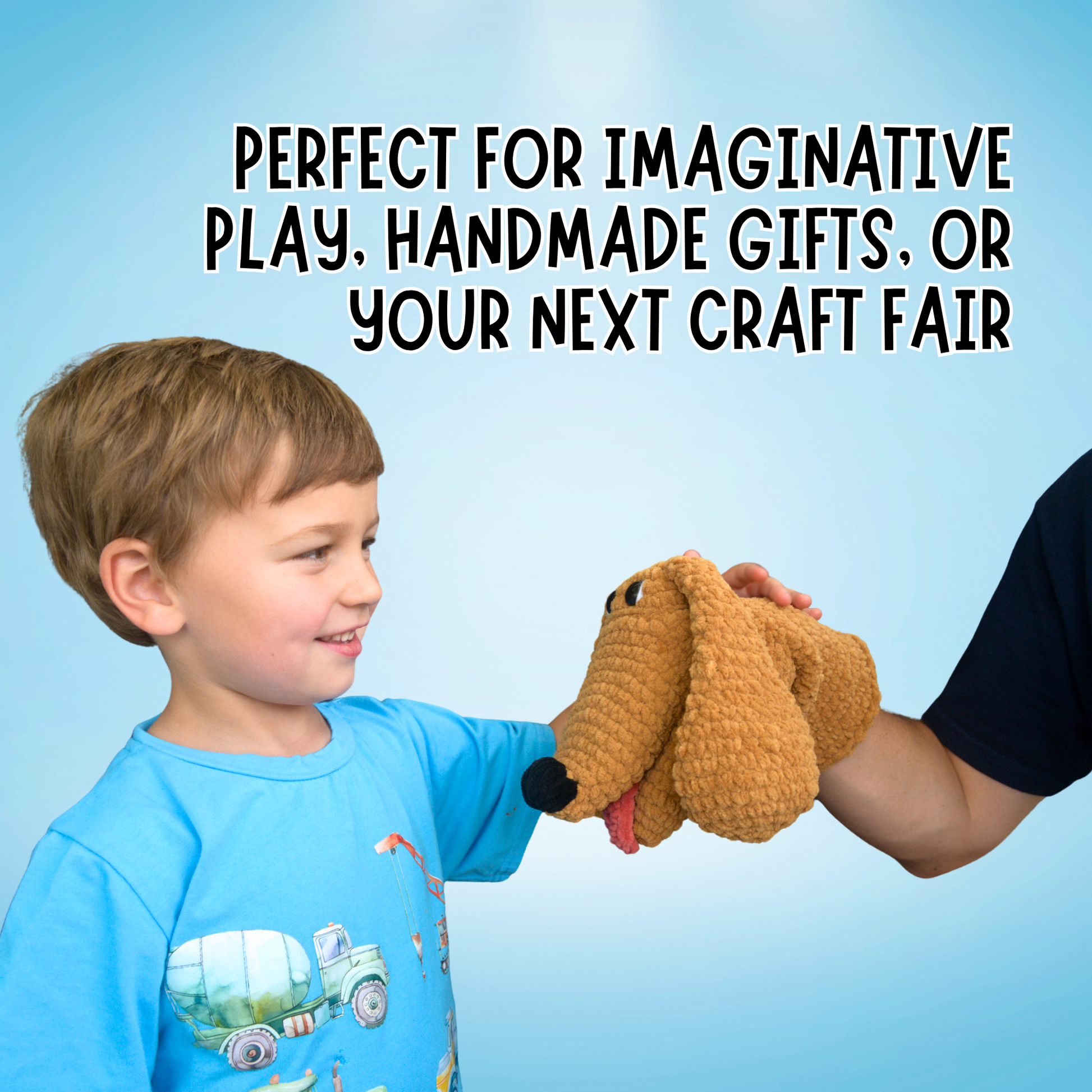 Child holding a brown dog-shaped plush toy with text on a blue background