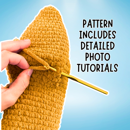 Hand holding a mustard yellow crocheted item with a gold crochet hook against a blue background, text 'Pattern includes detailed photo tutorials' displayed.