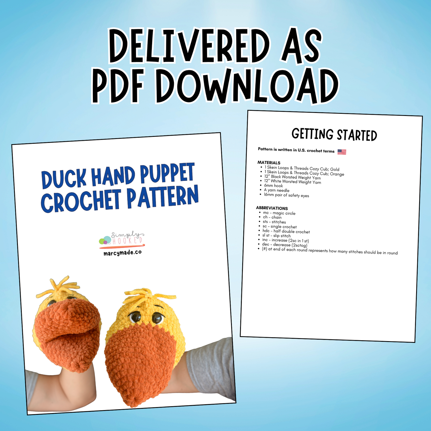 Crochet pattern for duck hand puppets with text on a blue background
