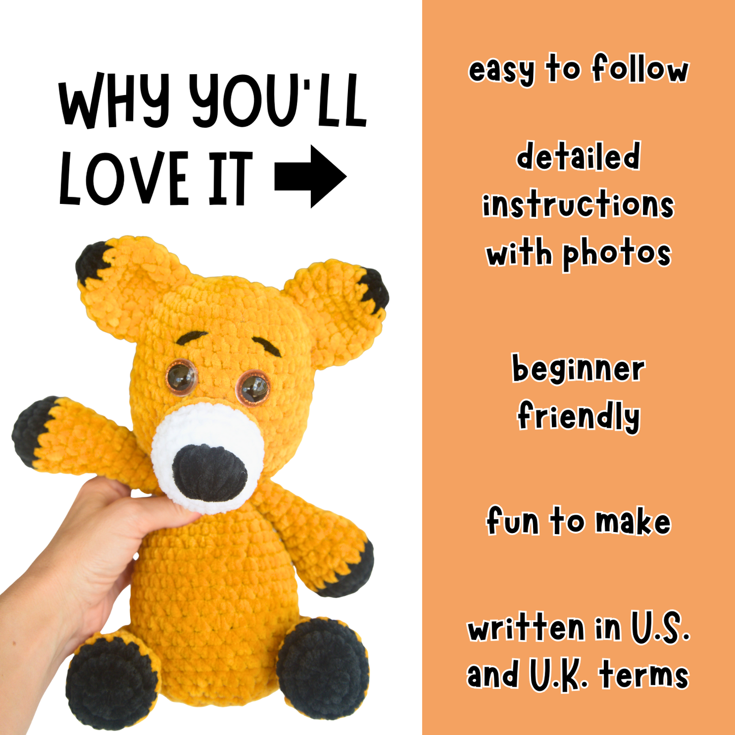 Hand holding a yellow teddy bear with text about detailed instructions and beginner-friendliness on an orange background.
