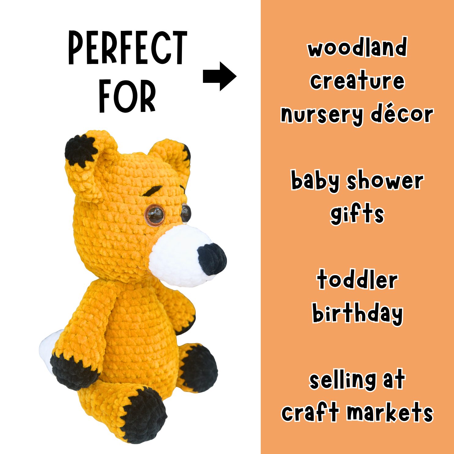 Crocheted tiger toy with text indicating uses on a white and orange background