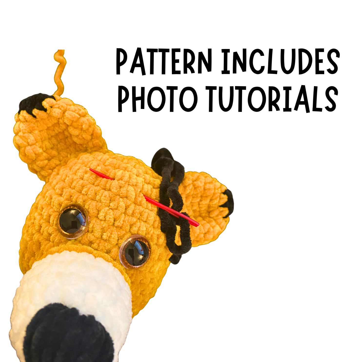 Crocheted fox head with text 'Pattern includes photo tutorials' on a white background