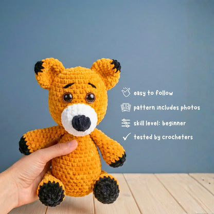 Hand holding a crochet bear plushie, beginner amigurumi pattern with photo instructions