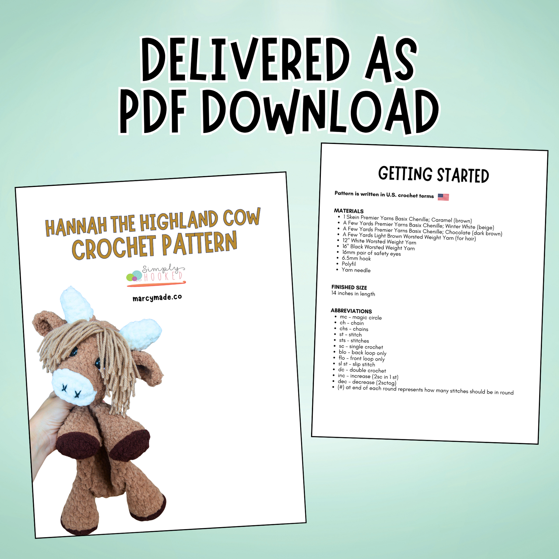 Hannah the Highland cow crochet pattern with text on a light green background