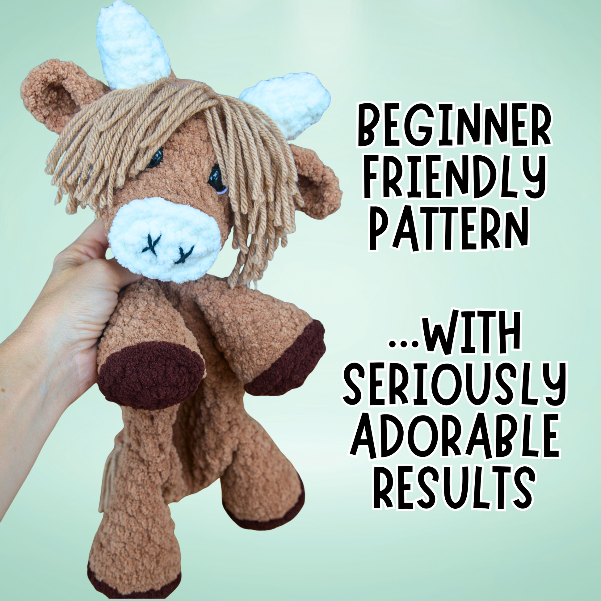 Stuffed animal toy held by a hand with text about a beginner-friendly pattern