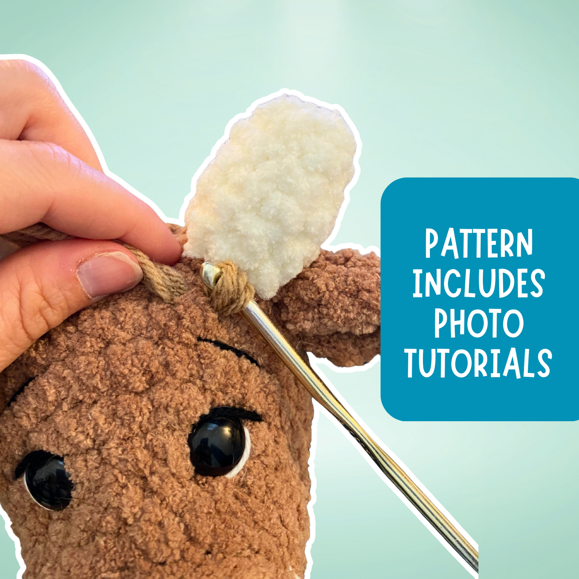 Hand holding a brown plush toy with a crochet hook, on a light blue background with text about photo tutorials.